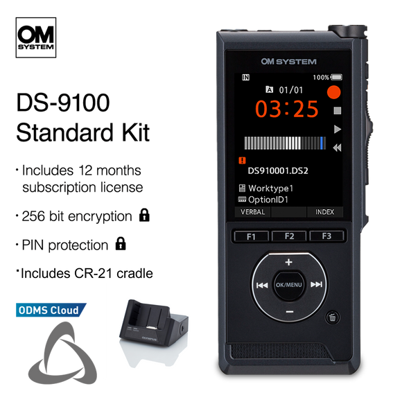 DS-9100C Professional Dictation Recorder with CR-21 Cradle and 12 Month Subscription License to ODMS Cloud