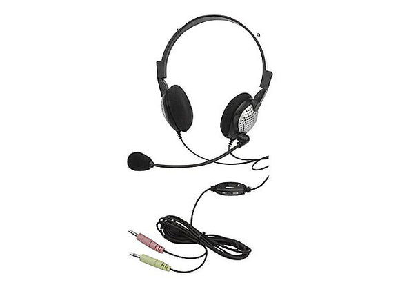 Andrea NC-185VM On-Ear Stereo Computer Headset with noise-canceling microphone, in-line volume/mute controls, and dual color coded 3.5mm plugs in retail packaging.
